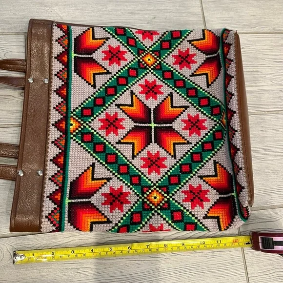 Colorful Geometric Cross-stitch Aztec Patterned Tote Bag with Brown Accents - Picture 10 of 14